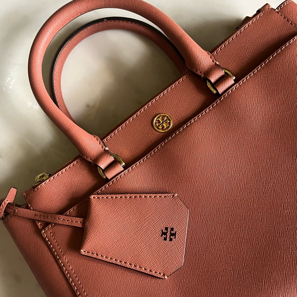 Tory Burch Salmon/Taupe Saffiano Crossbody Tote Bag EUC